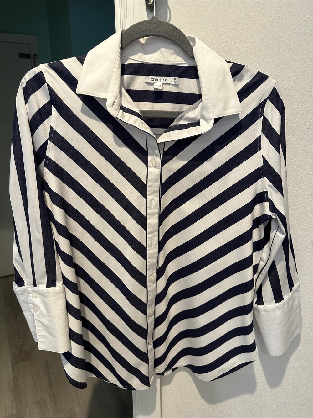 Chico's Navy and White Diagonal Stripe Button-Down Shirt